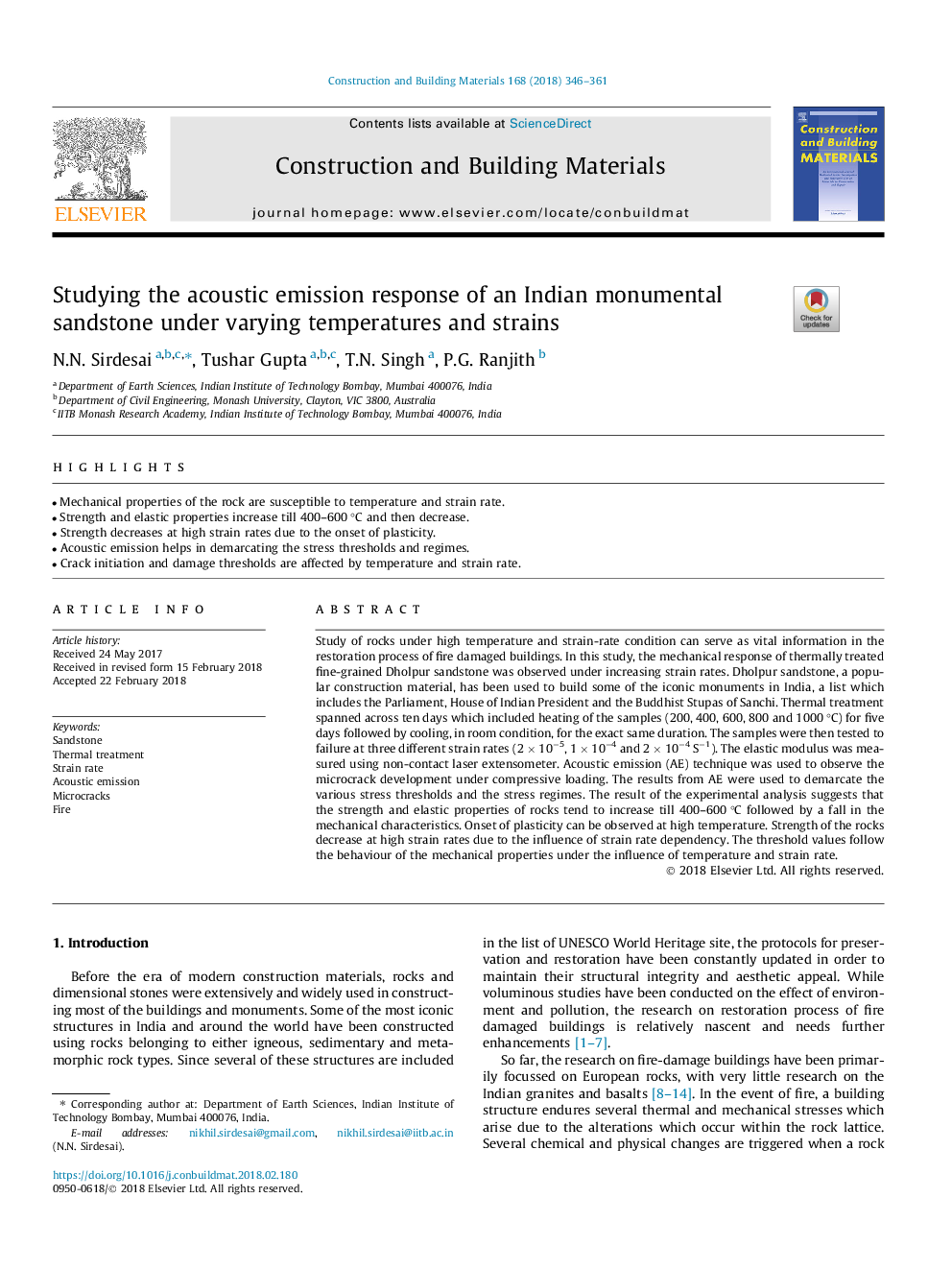 Studying the acoustic emission response of an Indian monumental sandstone under varying temperatures and strains