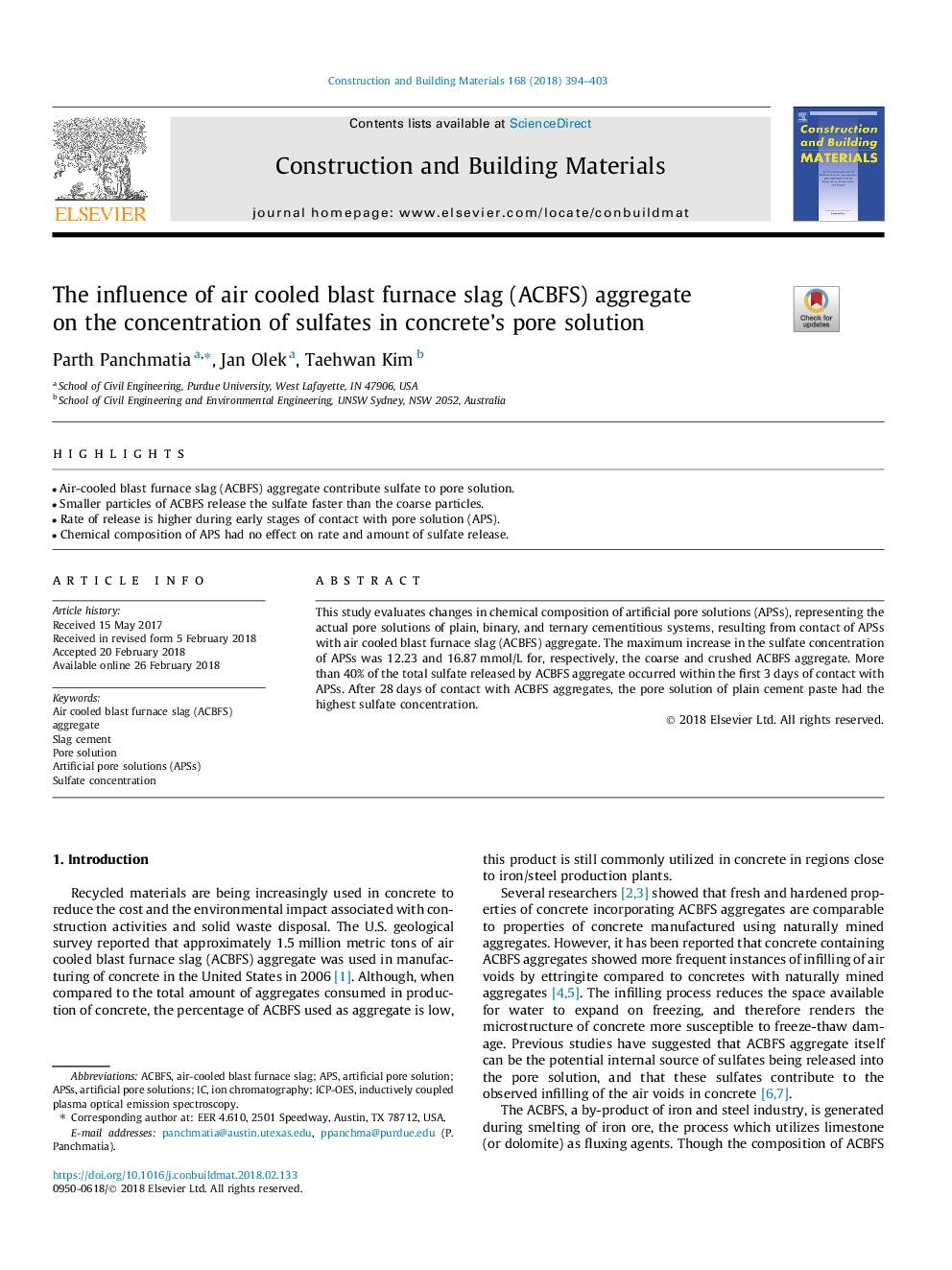 The influence of air cooled blast furnace slag (ACBFS) aggregate on the concentration of sulfates in concrete's pore solution