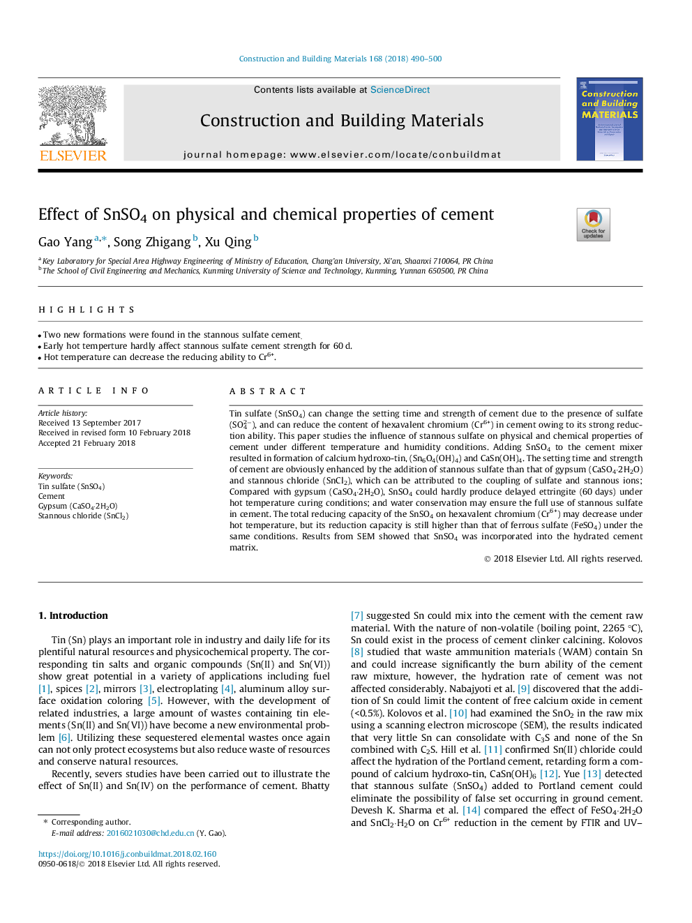 Effect of SnSO4 on physical and chemical properties of cement