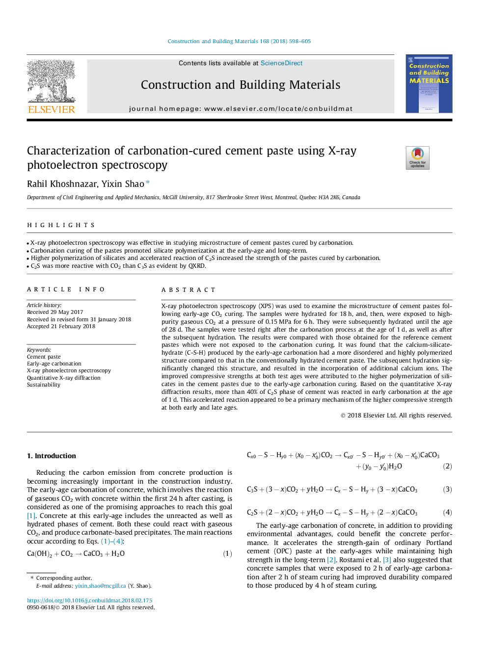 Characterization of carbonation-cured cement paste using X-ray photoelectron spectroscopy