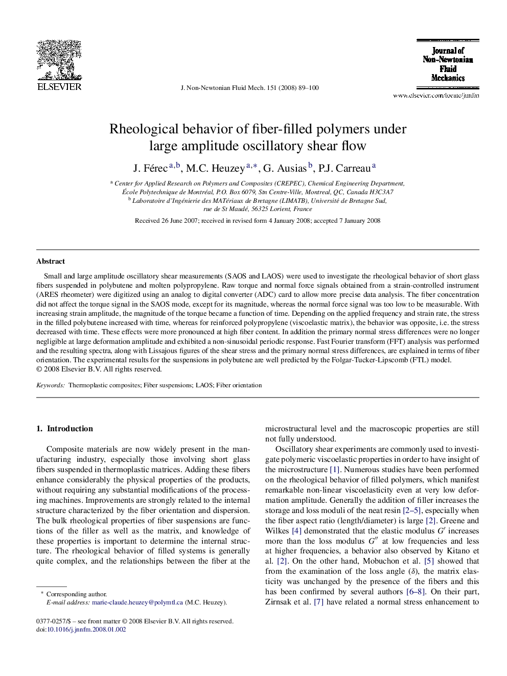 Rheological behavior of fiber-filled polymers under large amplitude oscillatory shear flow