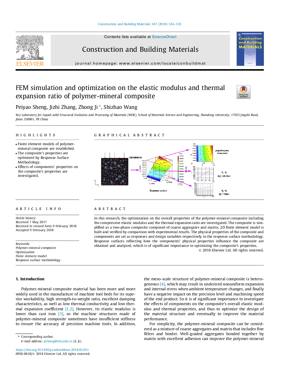 FEM simulation and optimization on the elastic modulus and thermal expansion ratio of polymer-mineral composite