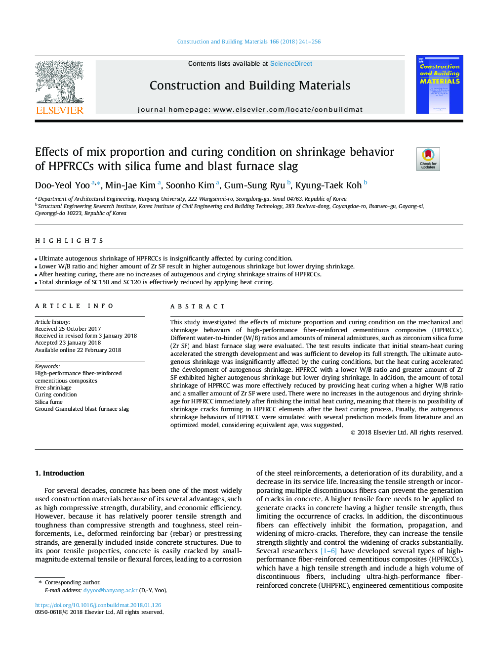 Effects of mix proportion and curing condition on shrinkage behavior of HPFRCCs with silica fume and blast furnace slag