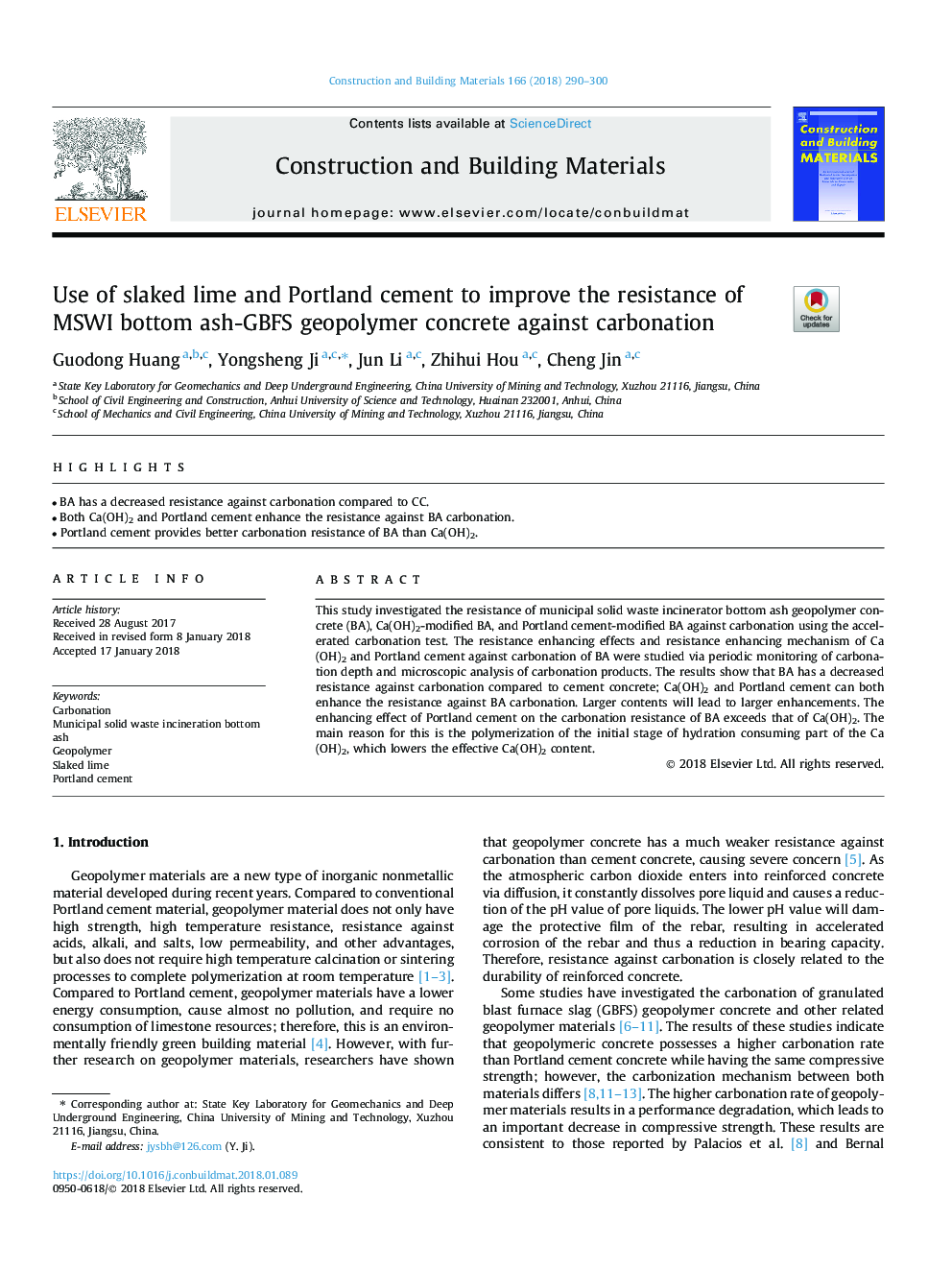 Use of slaked lime and Portland cement to improve the resistance of MSWI bottom ash-GBFS geopolymer concrete against carbonation