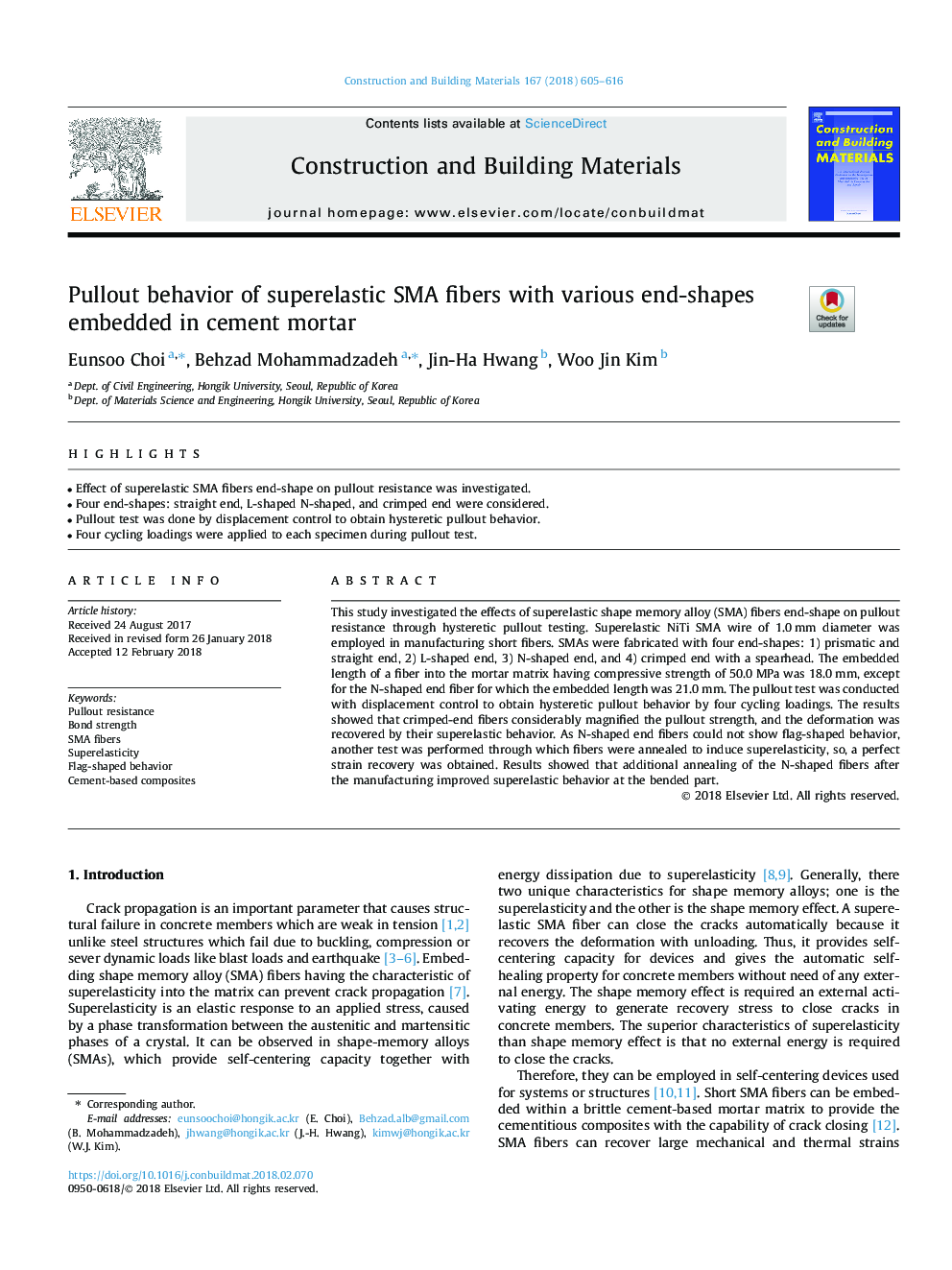 Pullout behavior of superelastic SMA fibers with various end-shapes embedded in cement mortar