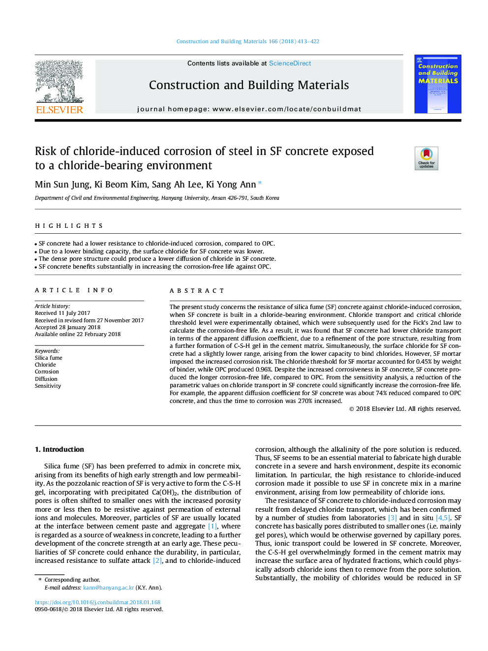 Risk of chloride-induced corrosion of steel in SF concrete exposed to a chloride-bearing environment