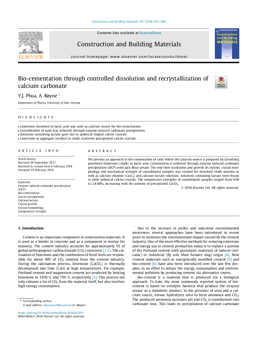 Bio-cementation through controlled dissolution and recrystallization of calcium carbonate