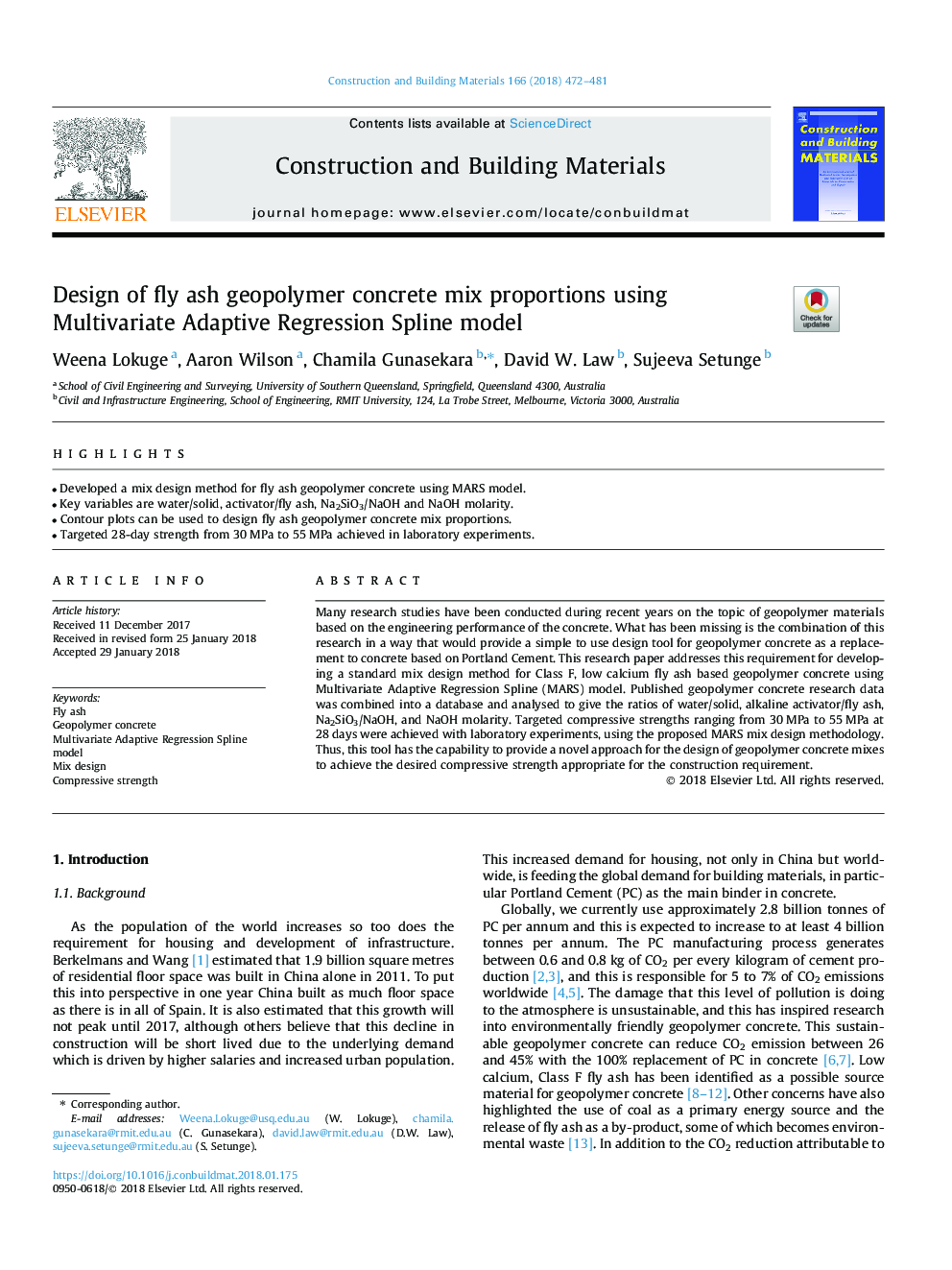 Design of fly ash geopolymer concrete mix proportions using Multivariate Adaptive Regression Spline model
