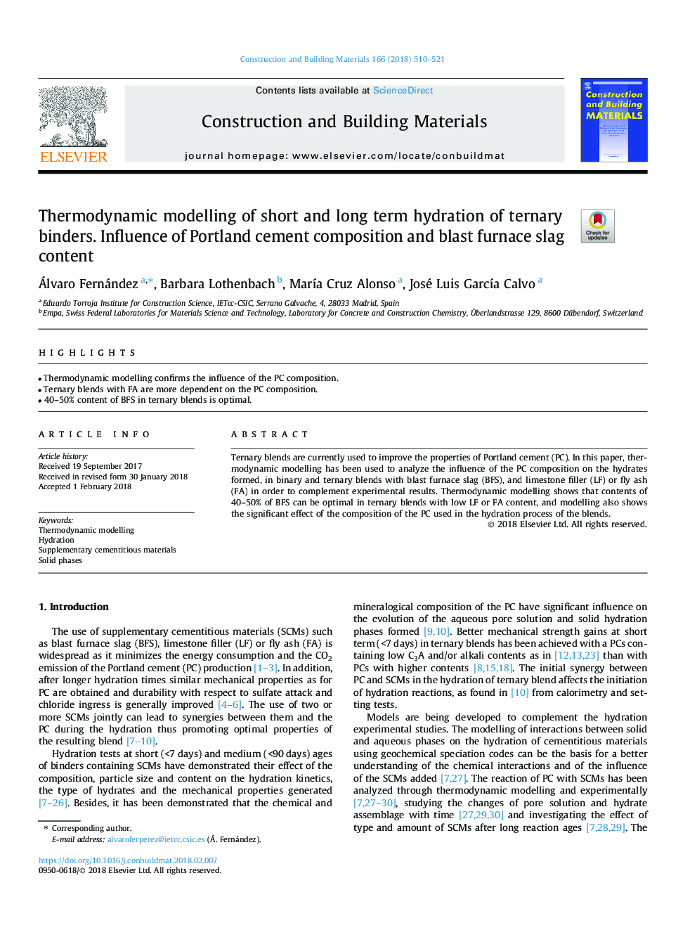 Thermodynamic modelling of short and long term hydration of ternary binders. Influence of Portland cement composition and blast furnace slag content