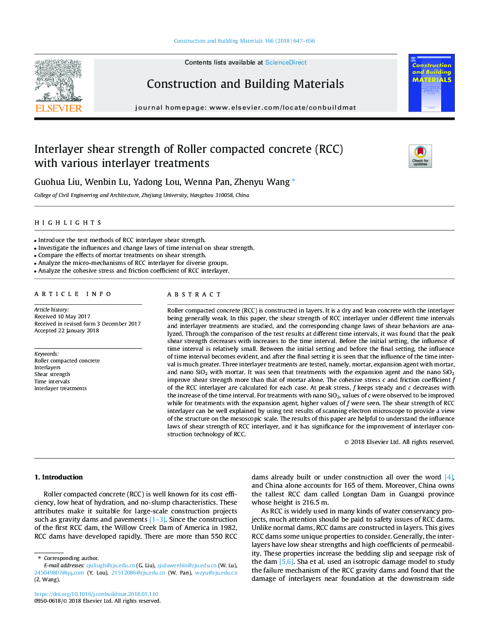 Interlayer shear strength of Roller compacted concrete (RCC) with various interlayer treatments