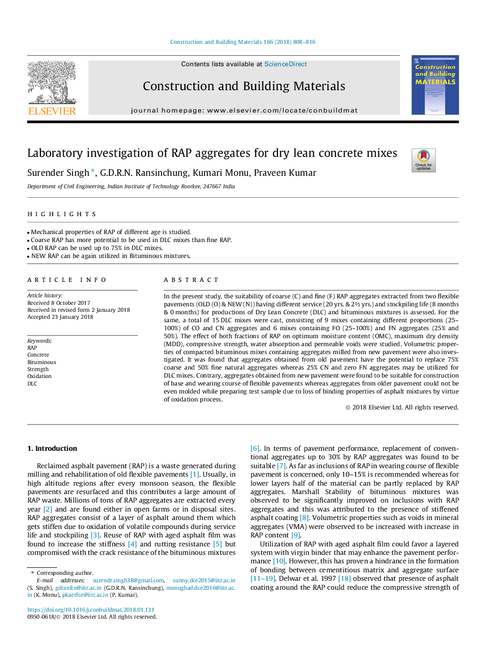 Laboratory investigation of RAP aggregates for dry lean concrete mixes