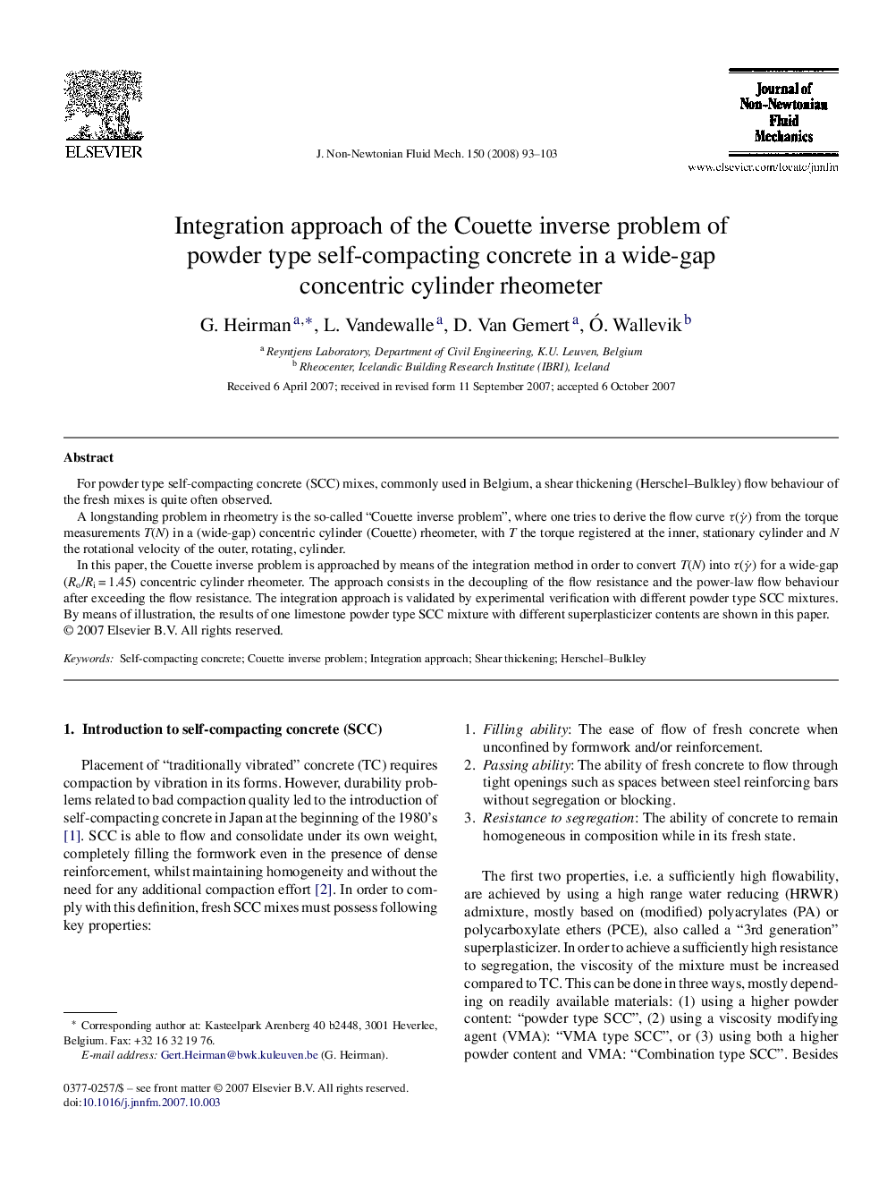 Integration approach of the Couette inverse problem of powder type self-compacting concrete in a wide-gap concentric cylinder rheometer