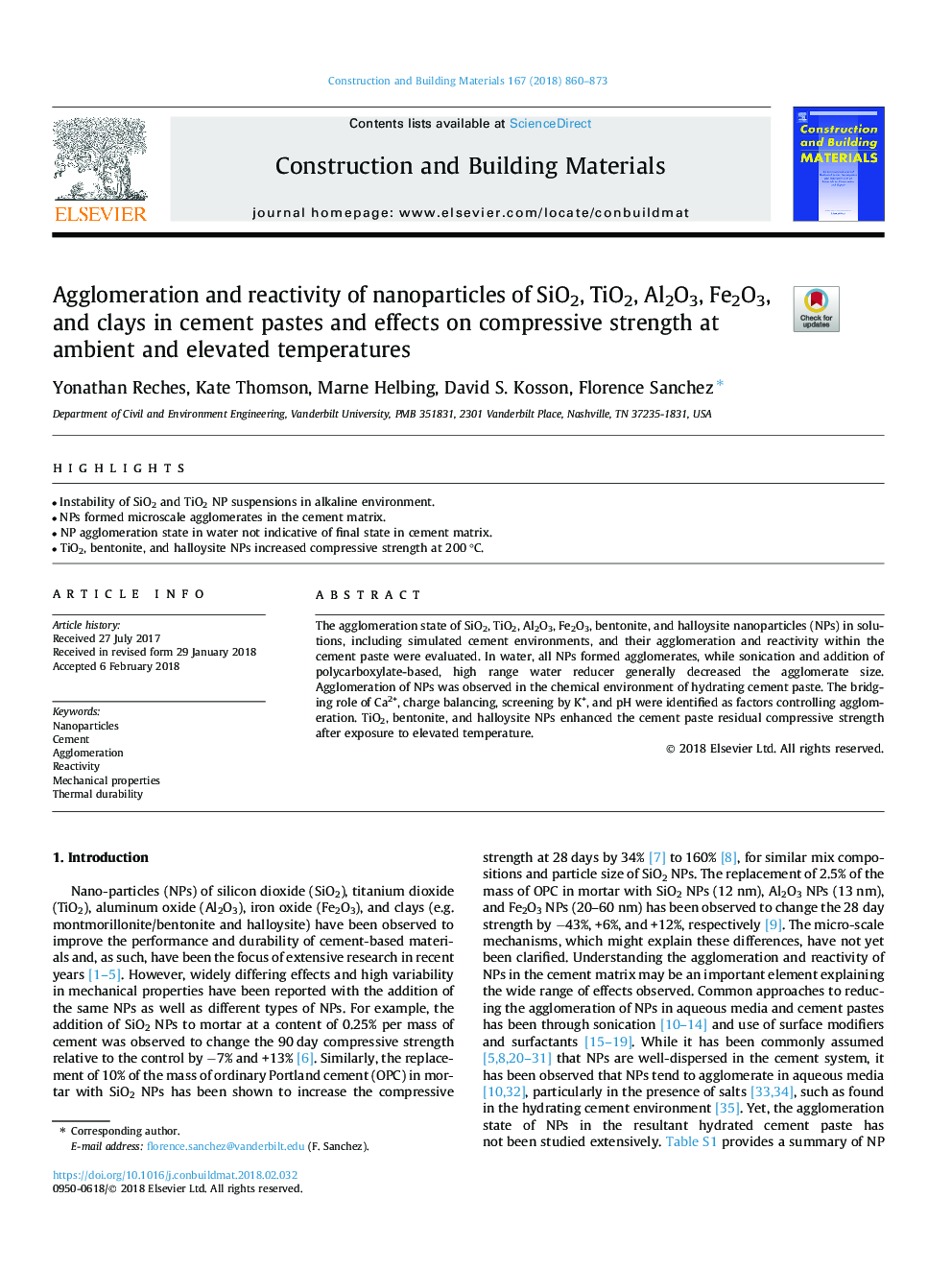 Agglomeration and reactivity of nanoparticles of SiO2, TiO2, Al2O3, Fe2O3, and clays in cement pastes and effects on compressive strength at ambient and elevated temperatures