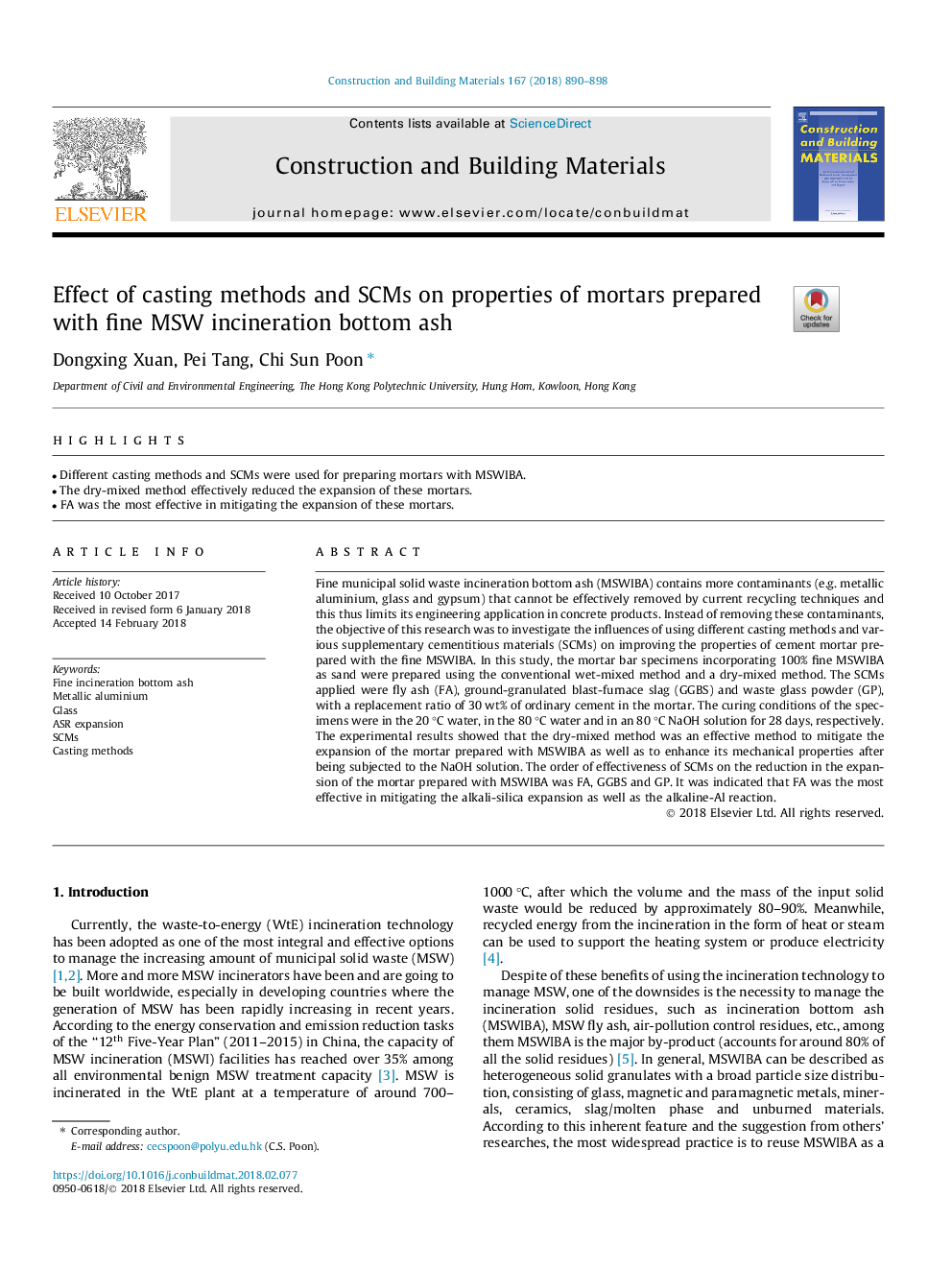 Effect of casting methods and SCMs on properties of mortars prepared with fine MSW incineration bottom ash