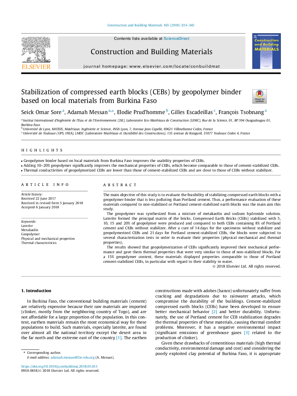 Stabilization of compressed earth blocks (CEBs) by geopolymer binder based on local materials from Burkina Faso