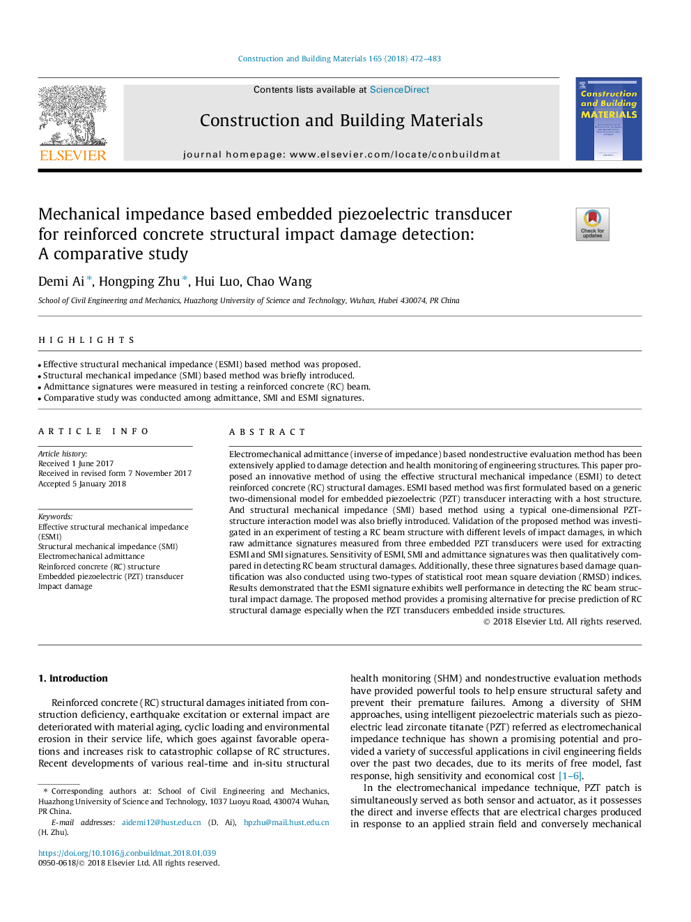 Mechanical impedance based embedded piezoelectric transducer for reinforced concrete structural impact damage detection: A comparative study