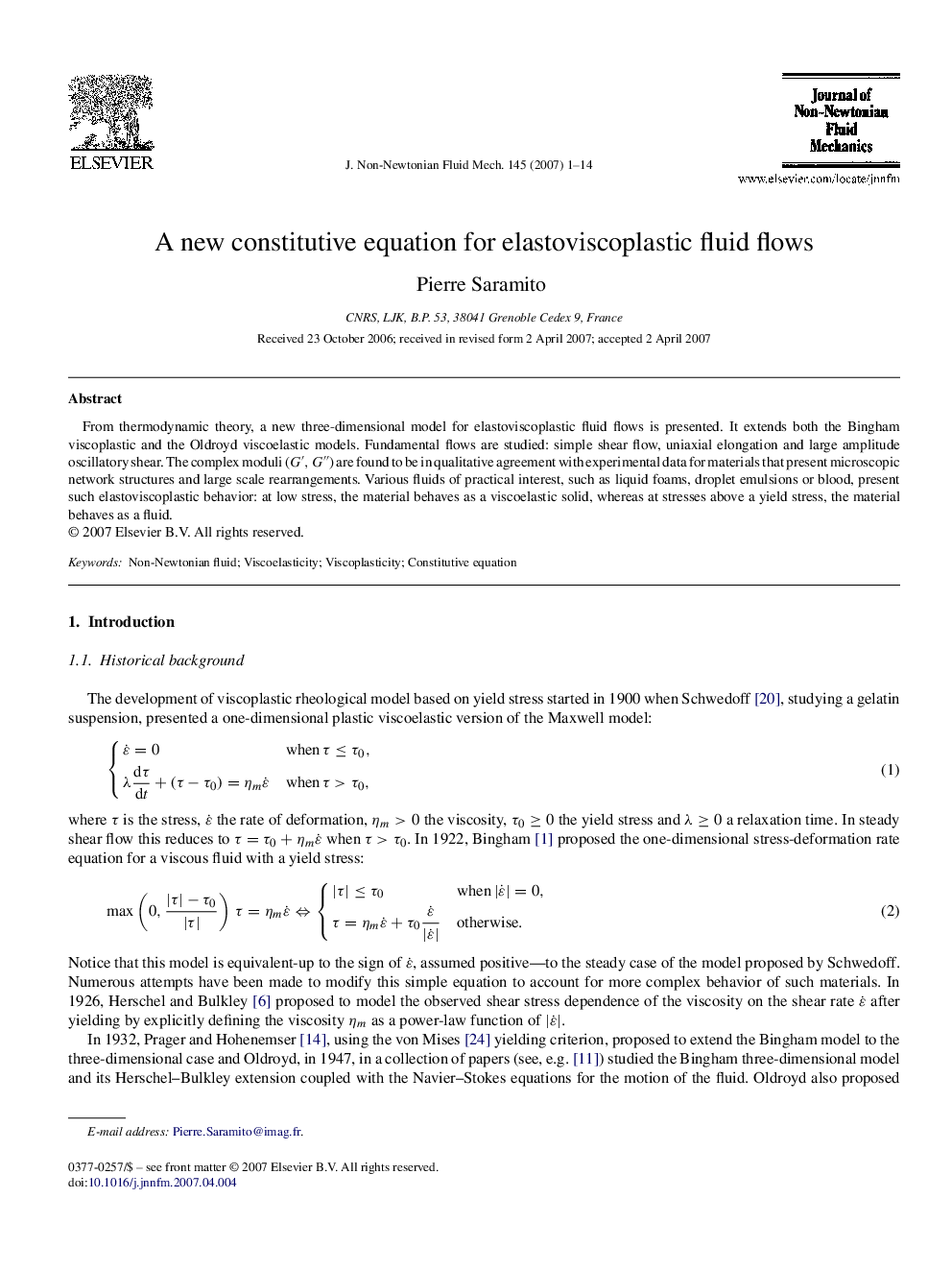 A new constitutive equation for elastoviscoplastic fluid flows