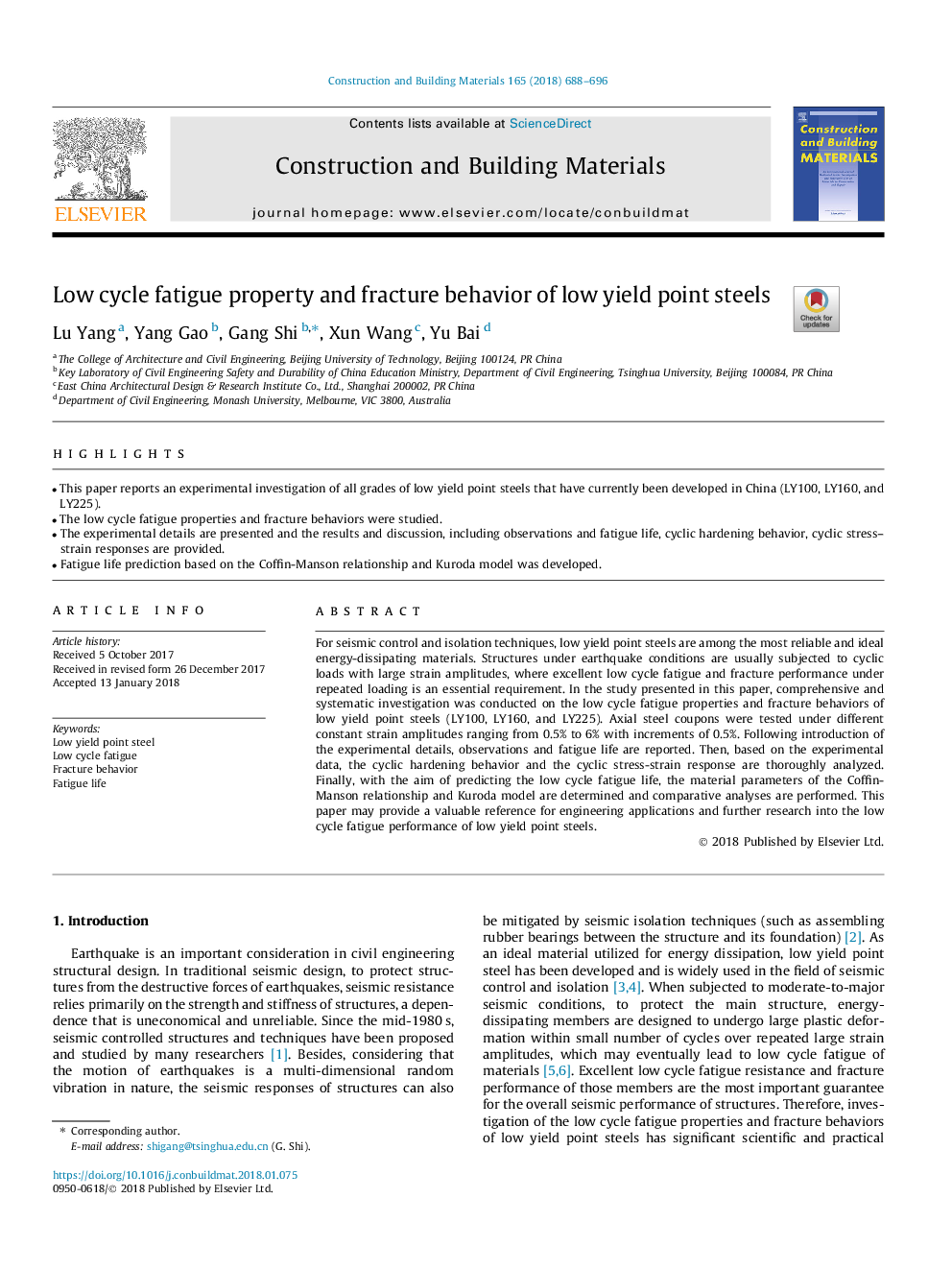 Low cycle fatigue property and fracture behavior of low yield point steels