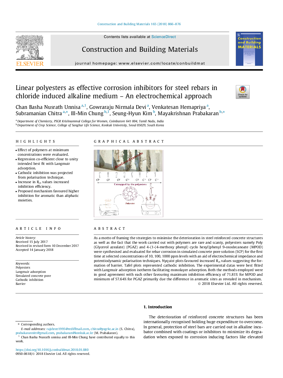 Linear polyesters as effective corrosion inhibitors for steel rebars in chloride induced alkaline medium - An electrochemical approach