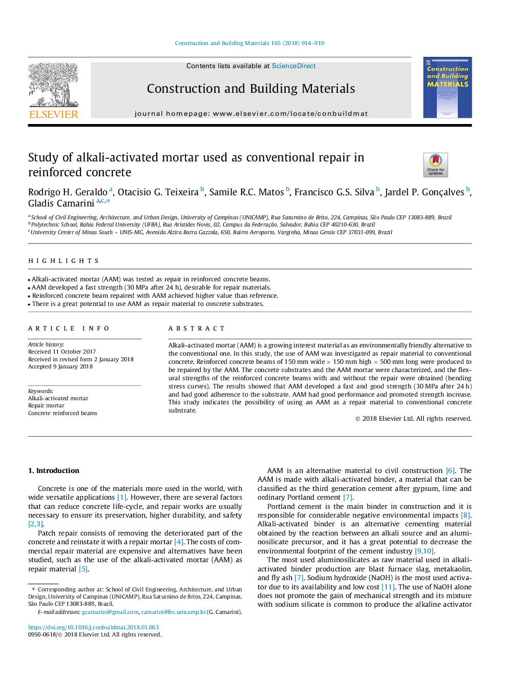 Study of alkali-activated mortar used as conventional repair in reinforced concrete