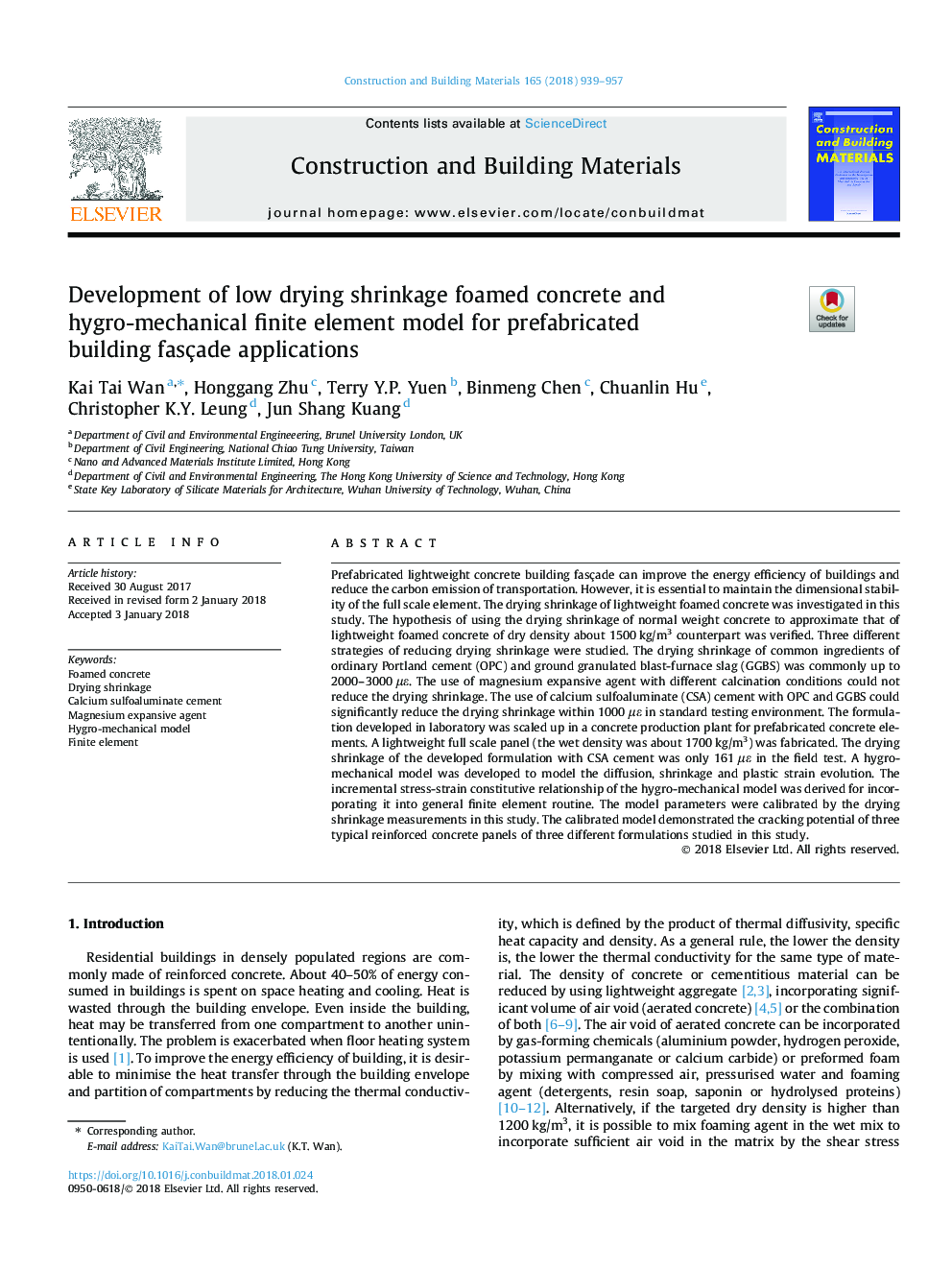 Development of low drying shrinkage foamed concrete and hygro-mechanical finite element model for prefabricated building fasçade applications