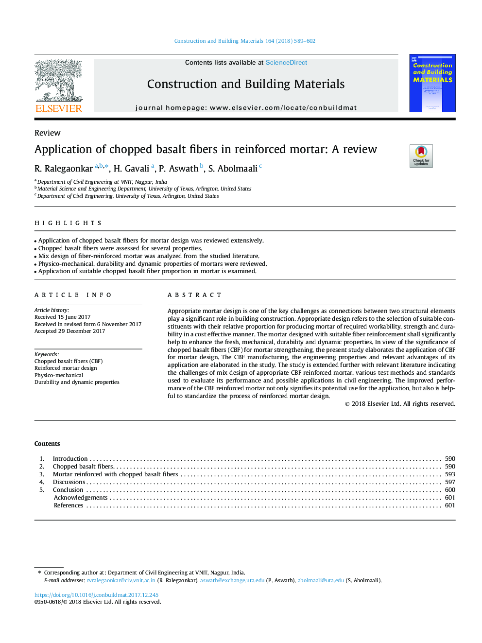 Application of chopped basalt fibers in reinforced mortar: A review