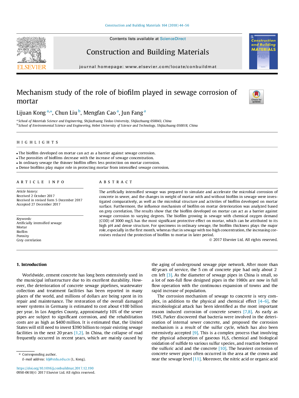 Mechanism study of the role of biofilm played in sewage corrosion of mortar