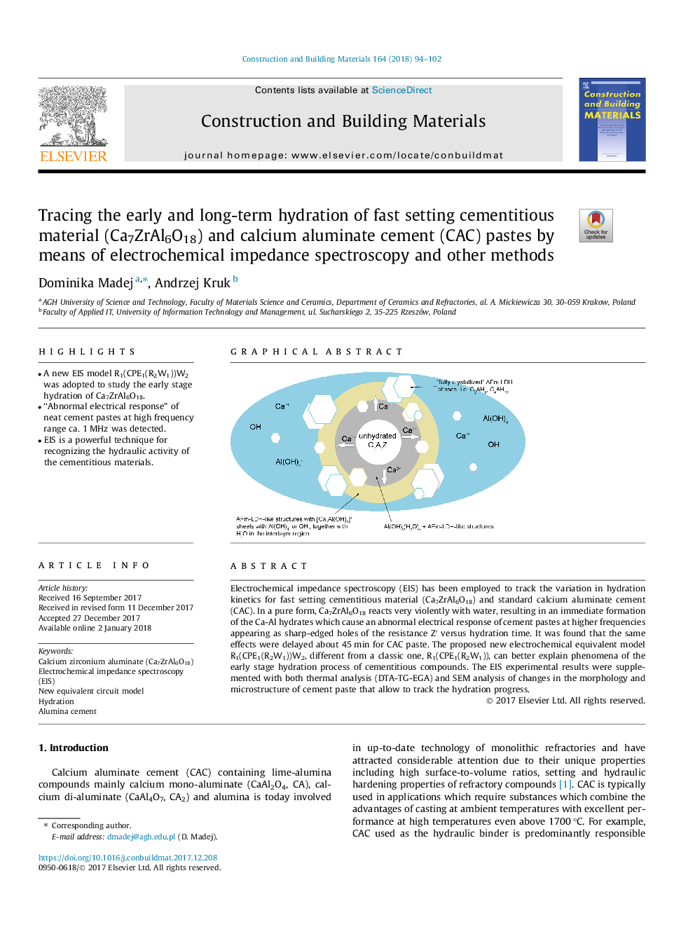 Tracing the early and long-term hydration of fast setting cementitious material (Ca7ZrAl6O18) and calcium aluminate cement (CAC) pastes by means of electrochemical impedance spectroscopy and other methods