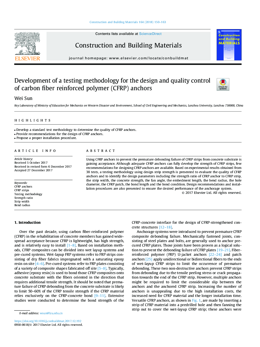 Development of a testing methodology for the design and quality control of carbon fiber reinforced polymer (CFRP) anchors