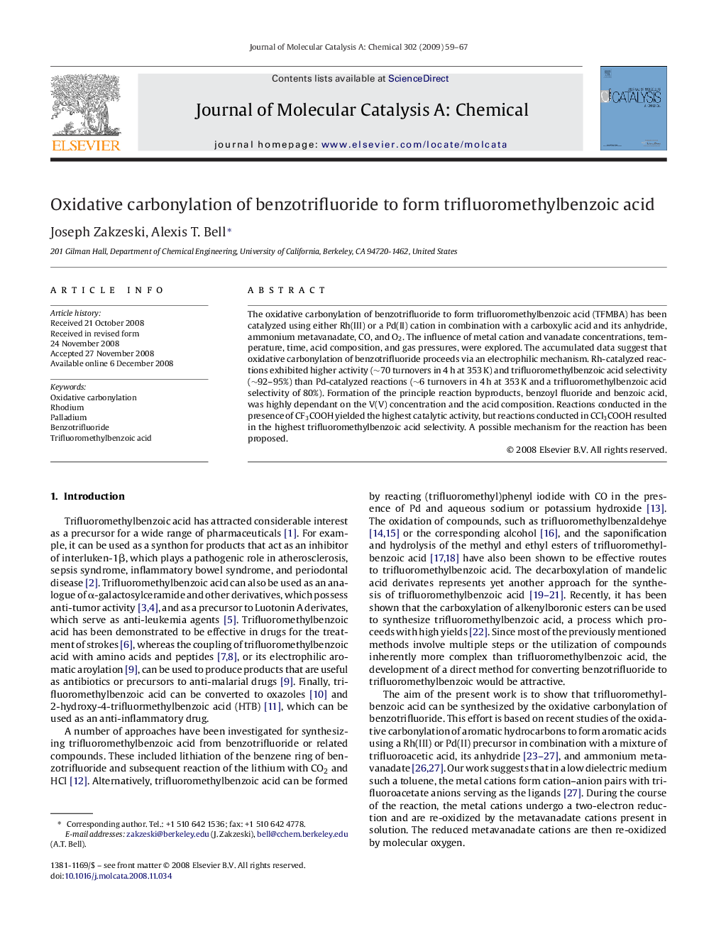 عکس صفحه اول مقاله: Oxidative carbonylation of benzotrifluoride to form trifluoromethylbenzoic acid Oxidative carbonylation of benzotrifluoride to form trifluoromethylbenzoic acid