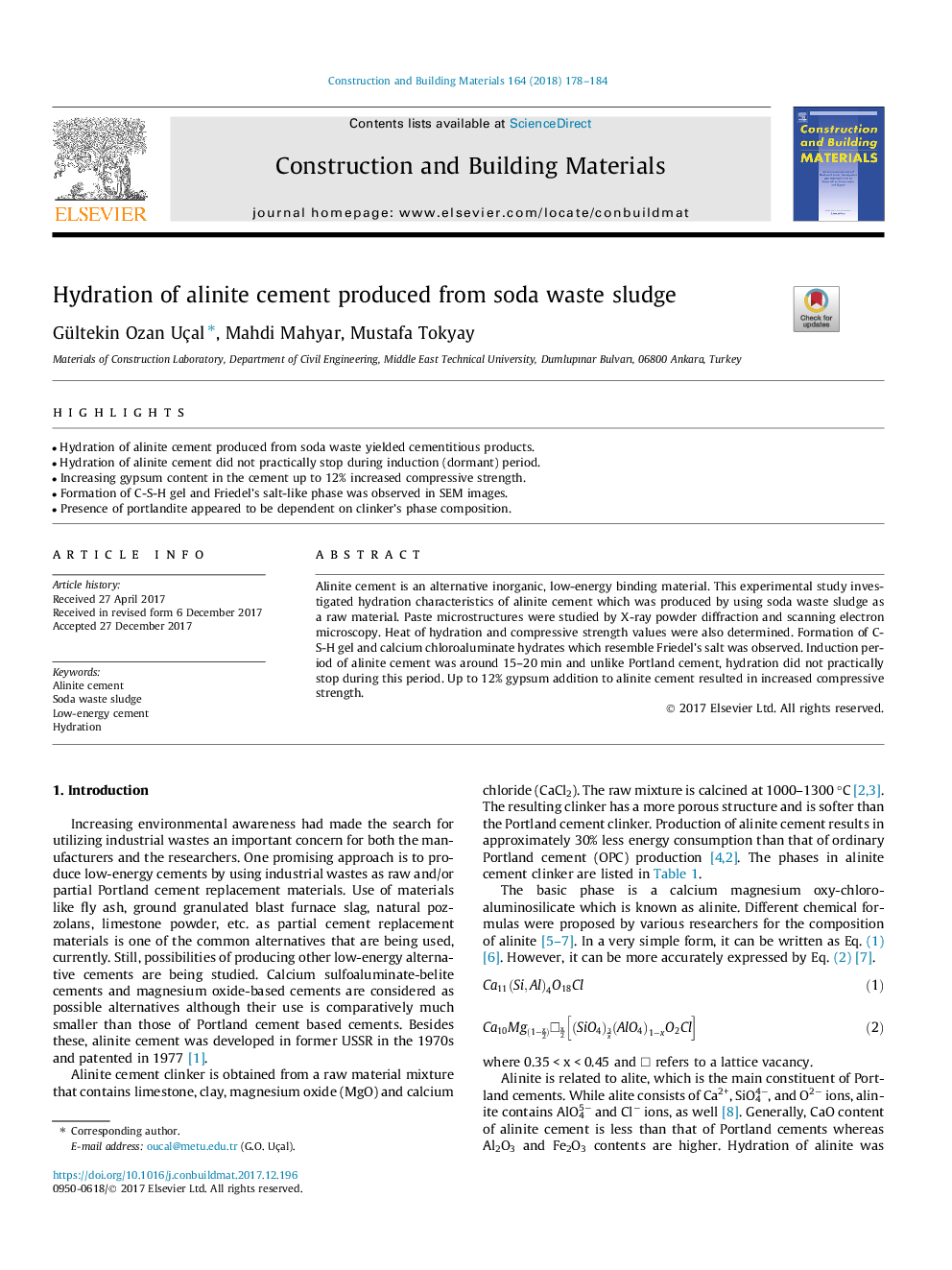 Hydration of alinite cement produced from soda waste sludge