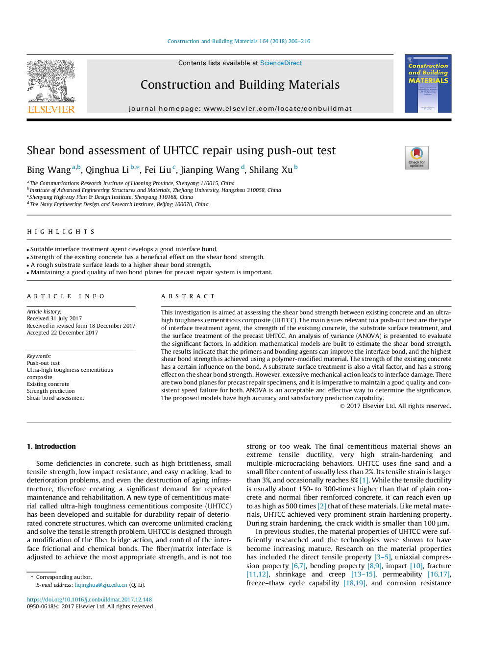 Shear bond assessment of UHTCC repair using push-out test