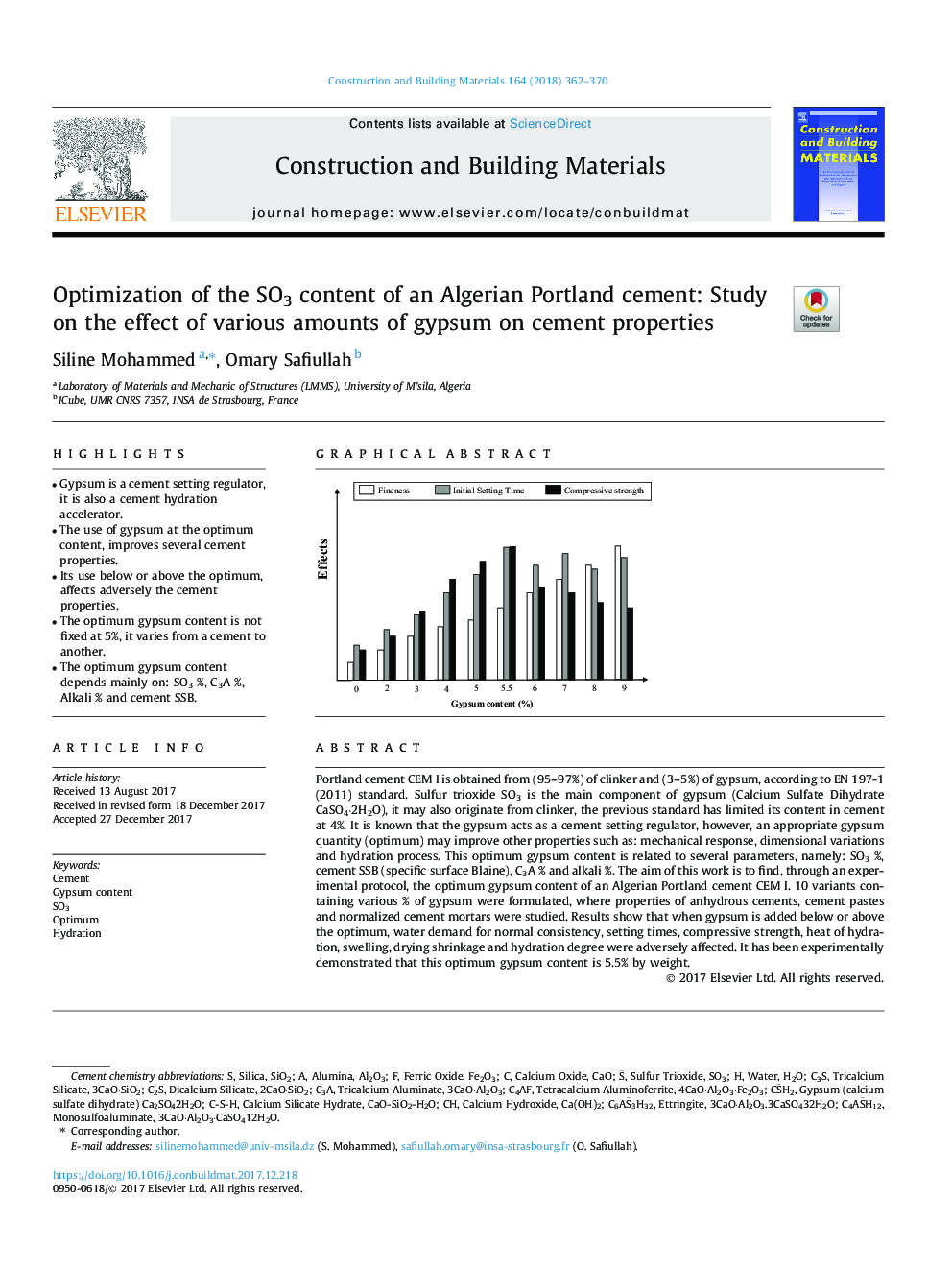 Optimization of the SO3 content of an Algerian Portland cement: Study on the effect of various amounts of gypsum on cement properties