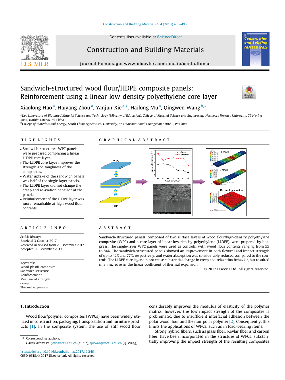 Sandwich-structured wood flour/HDPE composite panels: Reinforcement using a linear low-density polyethylene core layer