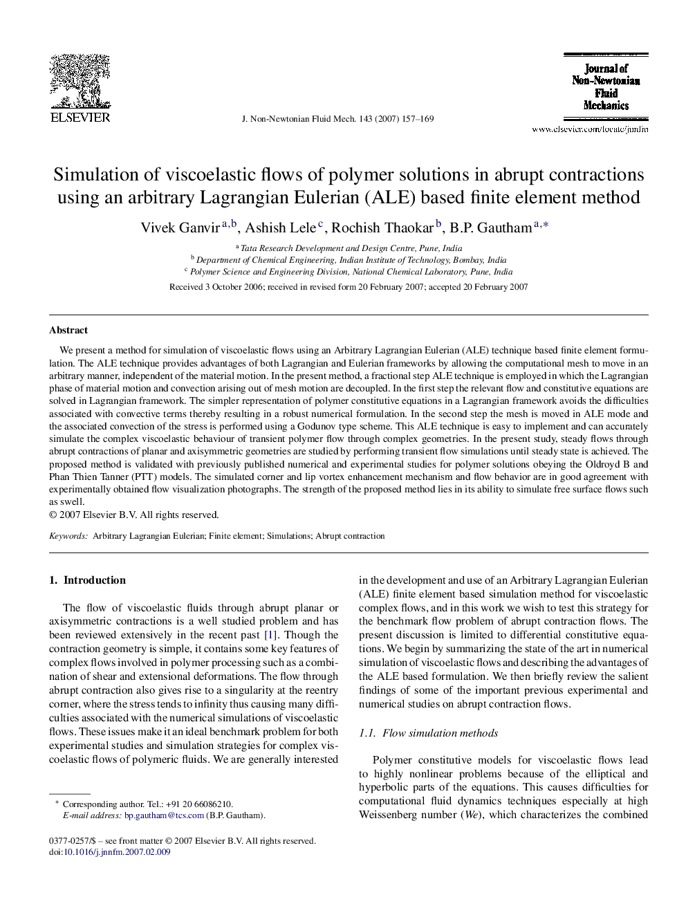 Simulation of viscoelastic flows of polymer solutions in abrupt contractions using an arbitrary Lagrangian Eulerian (ALE) based finite element method