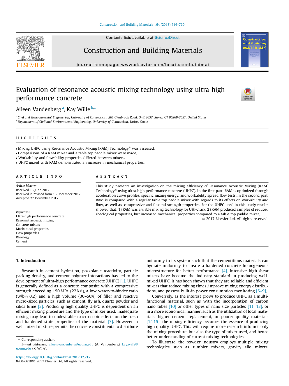 Evaluation of resonance acoustic mixing technology using ultra high performance concrete