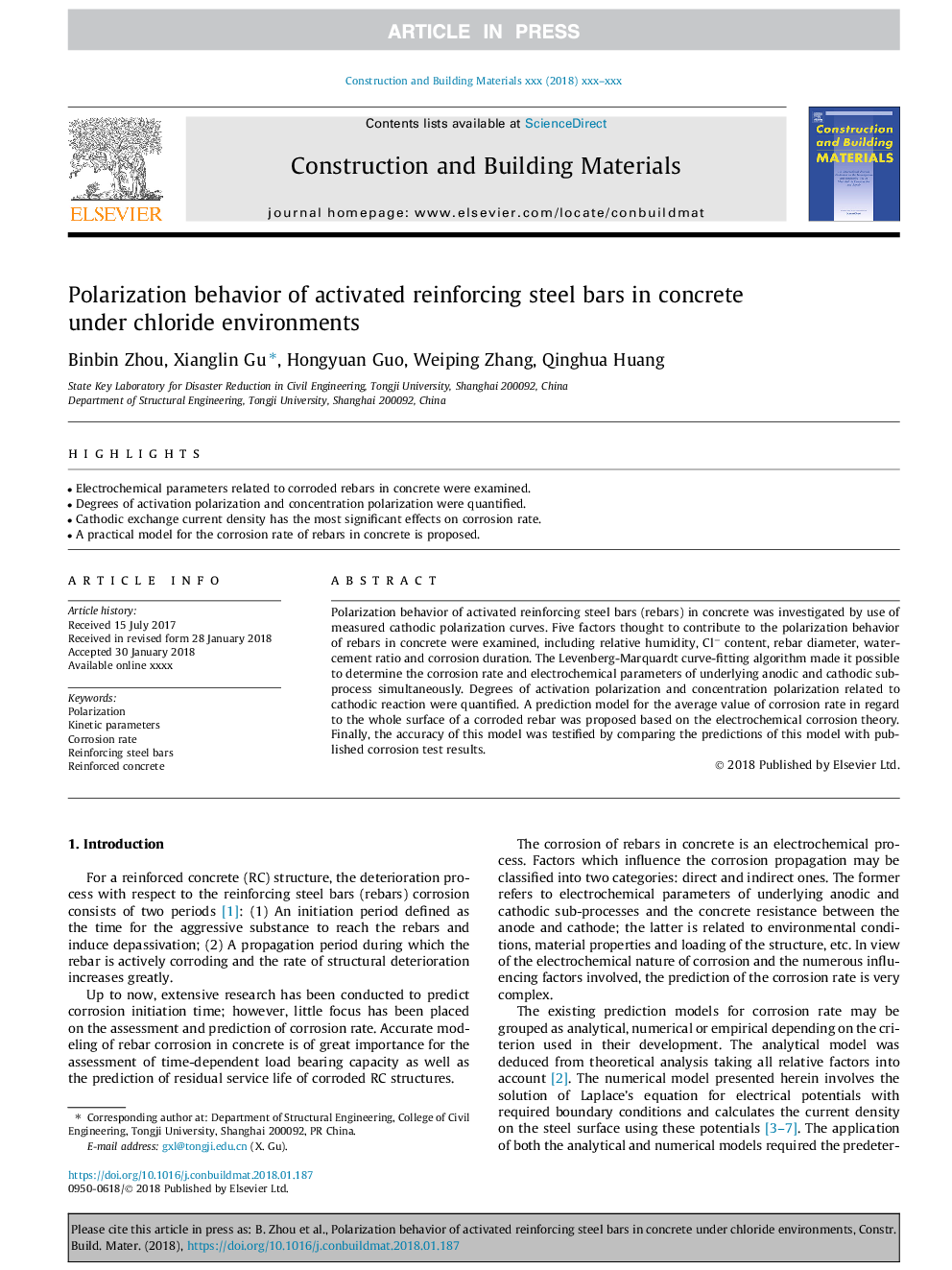 Polarization behavior of activated reinforcing steel bars in concrete under chloride environments