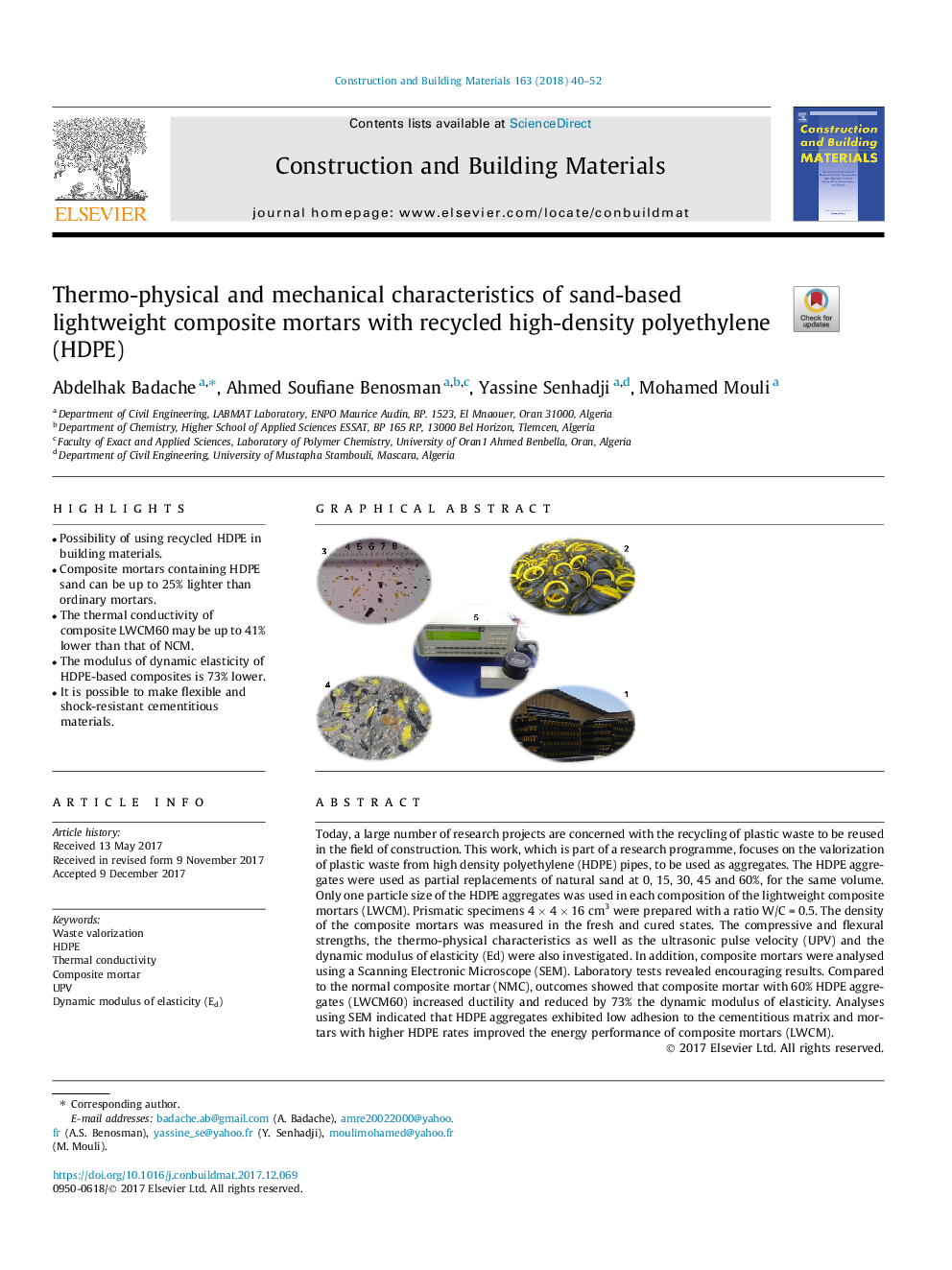 Thermo-physical and mechanical characteristics of sand-based lightweight composite mortars with recycled high-density polyethylene (HDPE)