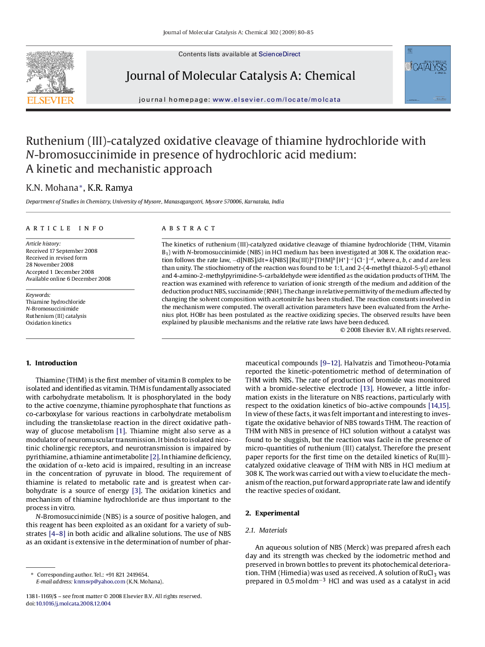 Ruthenium (III)-catalyzed oxidative cleavage of thiamine hydrochloride with N-bromosuccinimide in presence of hydrochloric acid medium: A kinetic and mechanistic approach