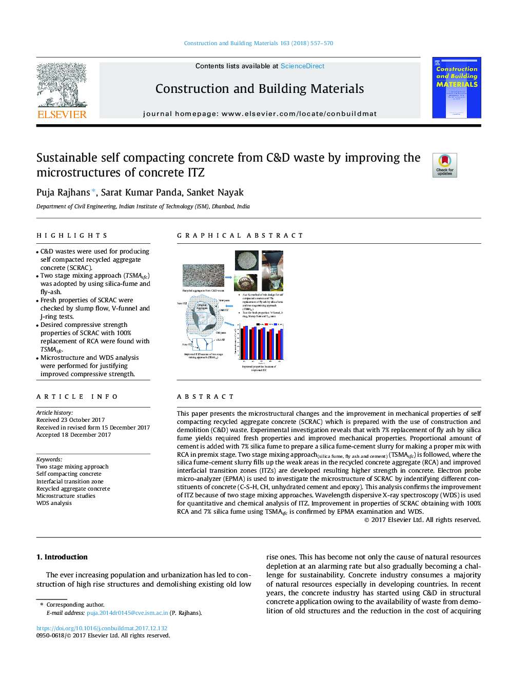 Sustainable self compacting concrete from C&D waste by improving the microstructures of concrete ITZ