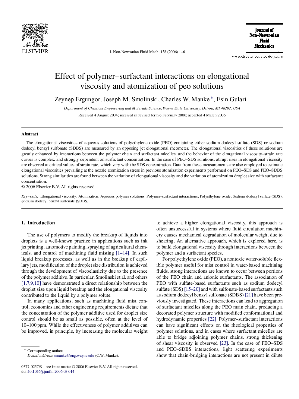 Effect of polymer-surfactant interactions on elongational viscosity and atomization of peo solutions