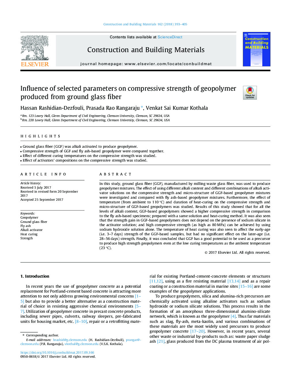 Influence of selected parameters on compressive strength of geopolymer produced from ground glass fiber