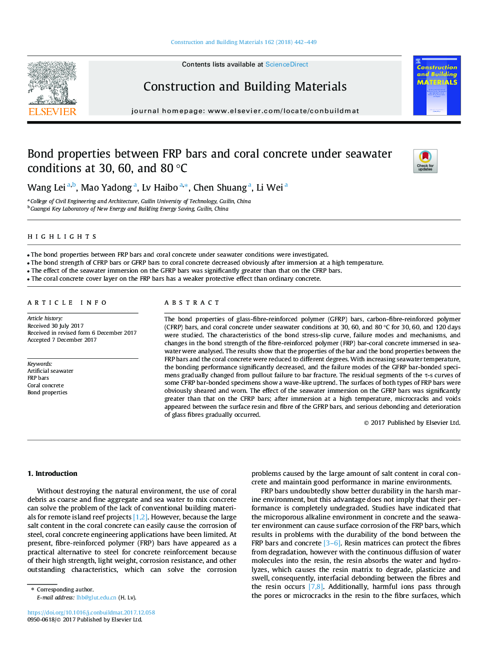 Bond properties between FRP bars and coral concrete under seawater conditions at 30, 60, and 80â¯Â°C
