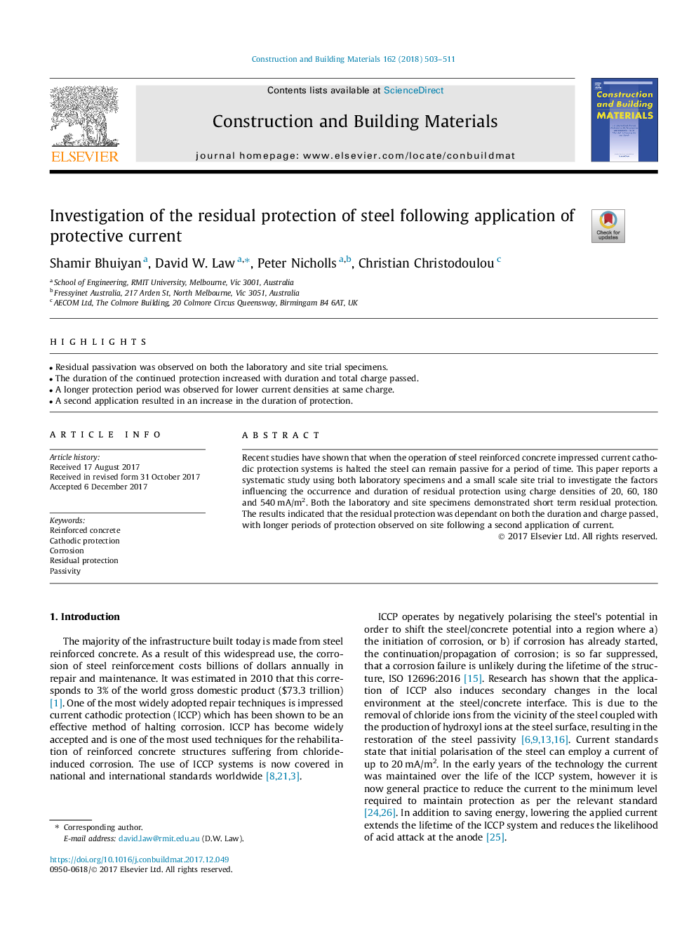 Investigation of the residual protection of steel following application of protective current