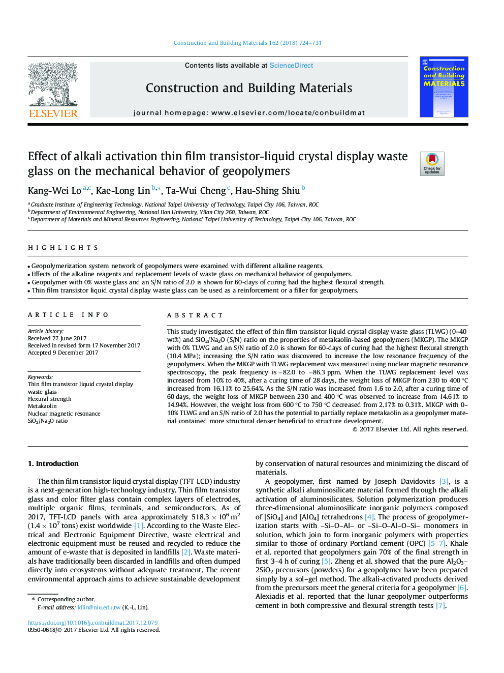 Effect of alkali activation thin film transistor-liquid crystal display waste glass on the mechanical behavior of geopolymers