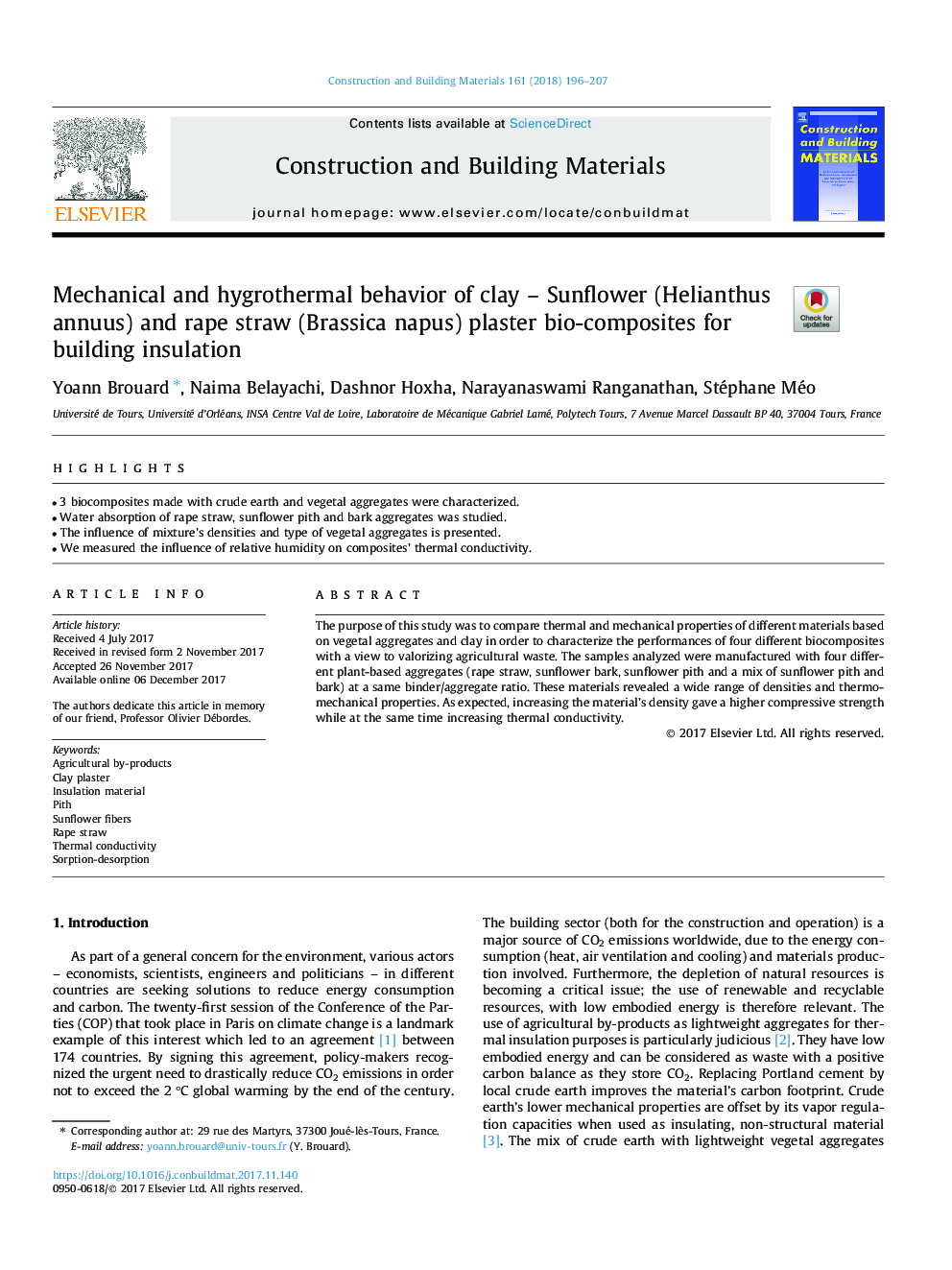 Mechanical and hygrothermal behavior of clay - Sunflower (Helianthus annuus) and rape straw (Brassica napus) plaster bio-composites for building insulation