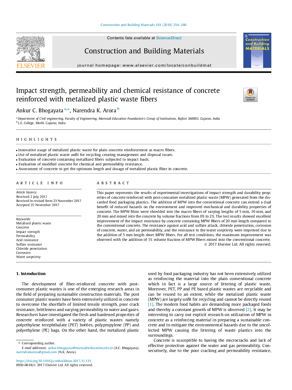 Impact strength, permeability and chemical resistance of concrete reinforced with metalized plastic waste fibers