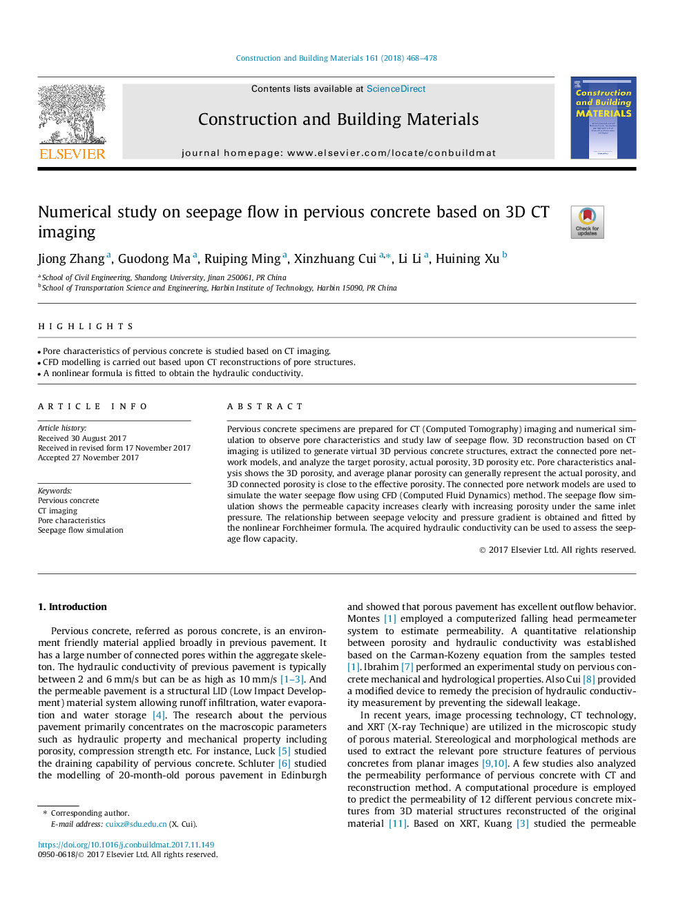 Numerical study on seepage flow in pervious concrete based on 3D CT imaging