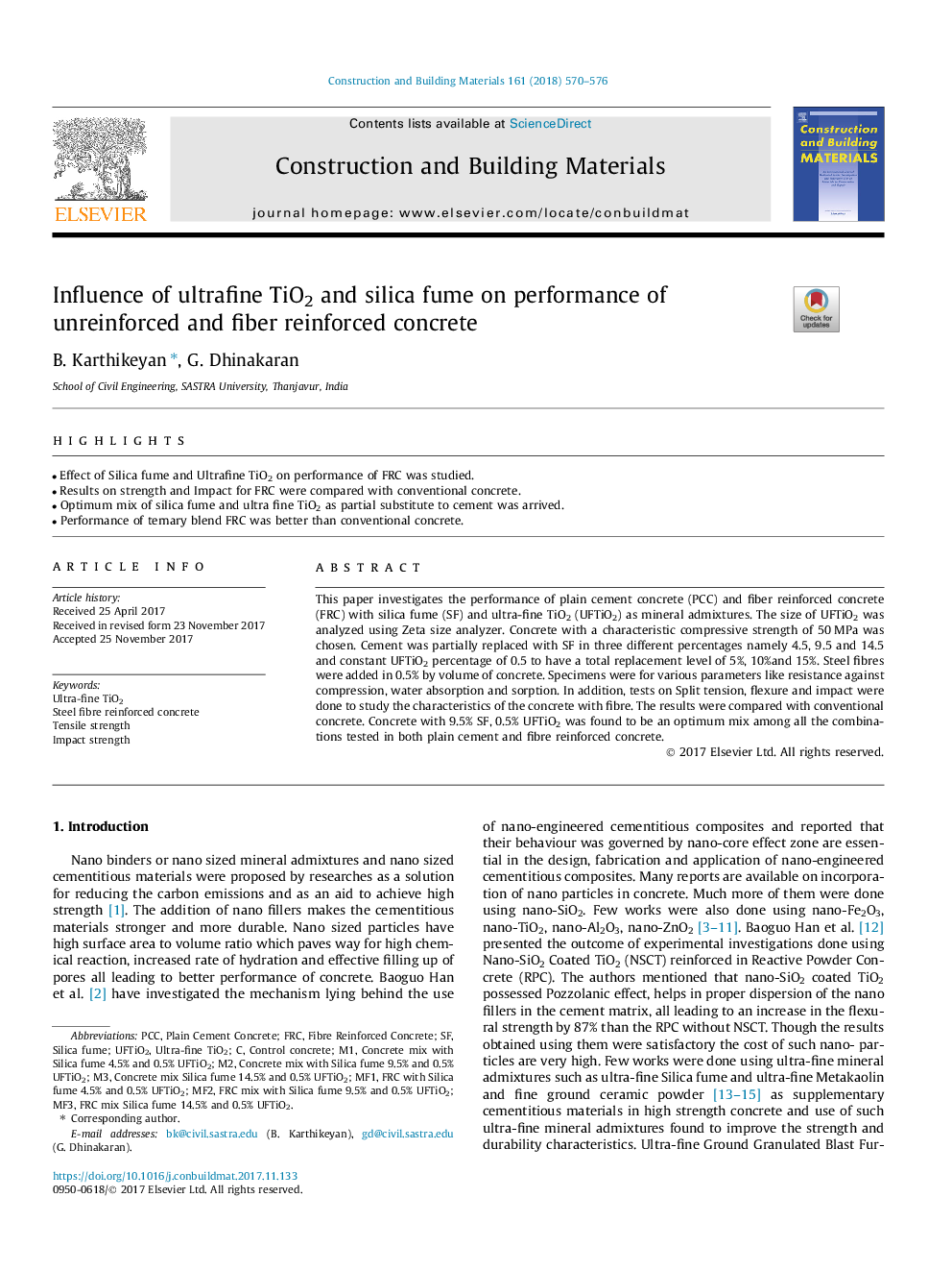 Influence of ultrafine TiO2 and silica fume on performance of unreinforced and fiber reinforced concrete