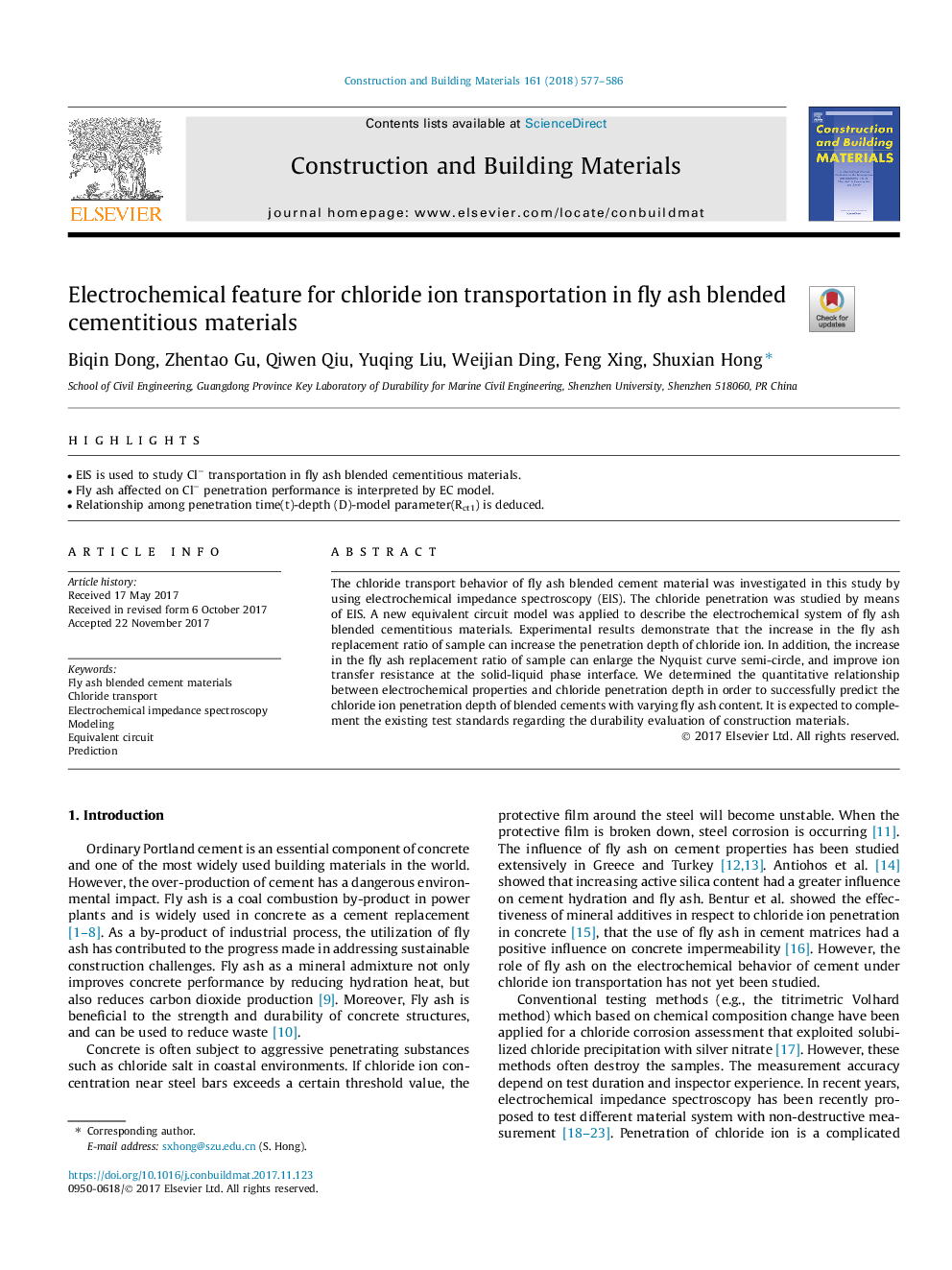 Electrochemical feature for chloride ion transportation in fly ash blended cementitious materials